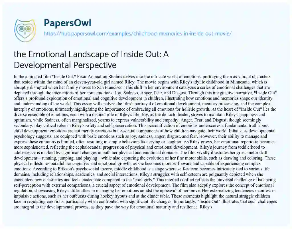 Essay on the Emotional Landscape of Inside Out: A Developmental Perspective