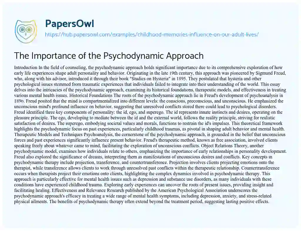 Essay on The Importance of the Psychodynamic Approach