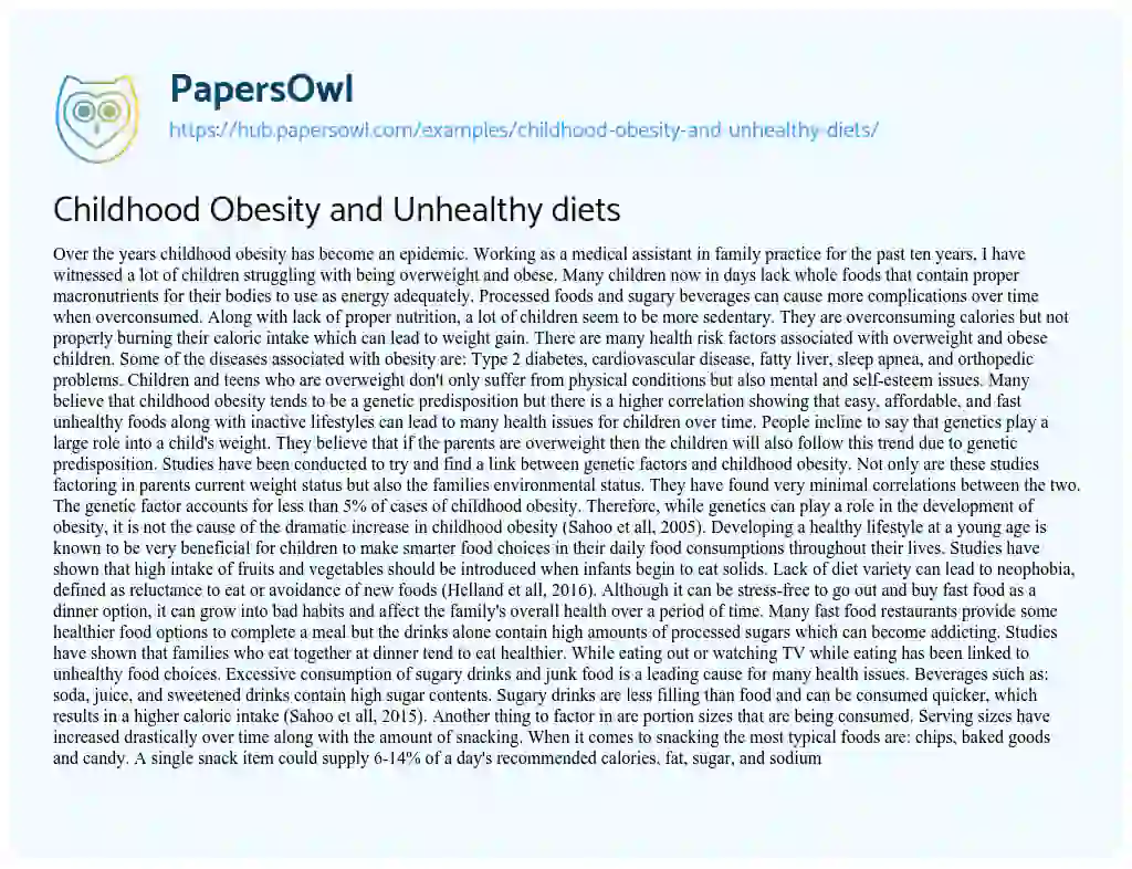 Essay on Childhood Obesity and Unhealthy diets
