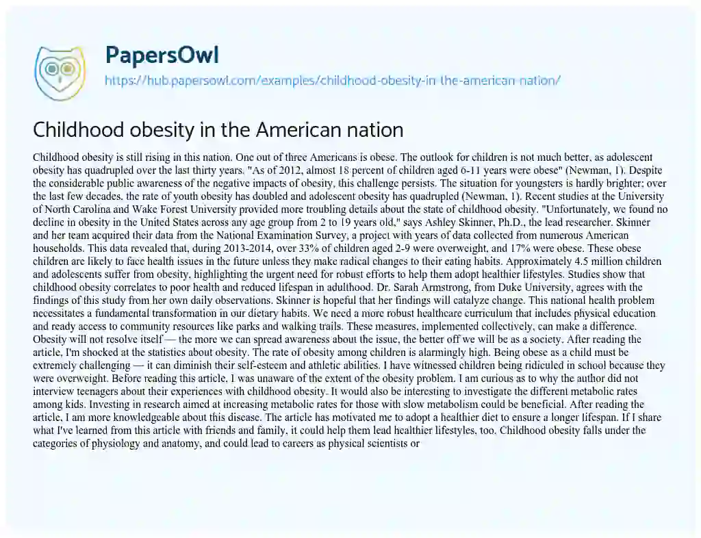 Essay on Childhood obesity in the American nation