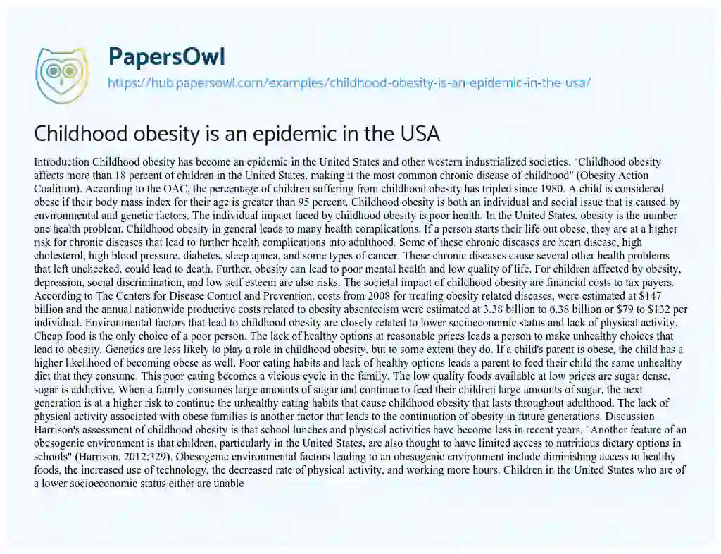 Essay on Childhood obesity is an epidemic in the USA