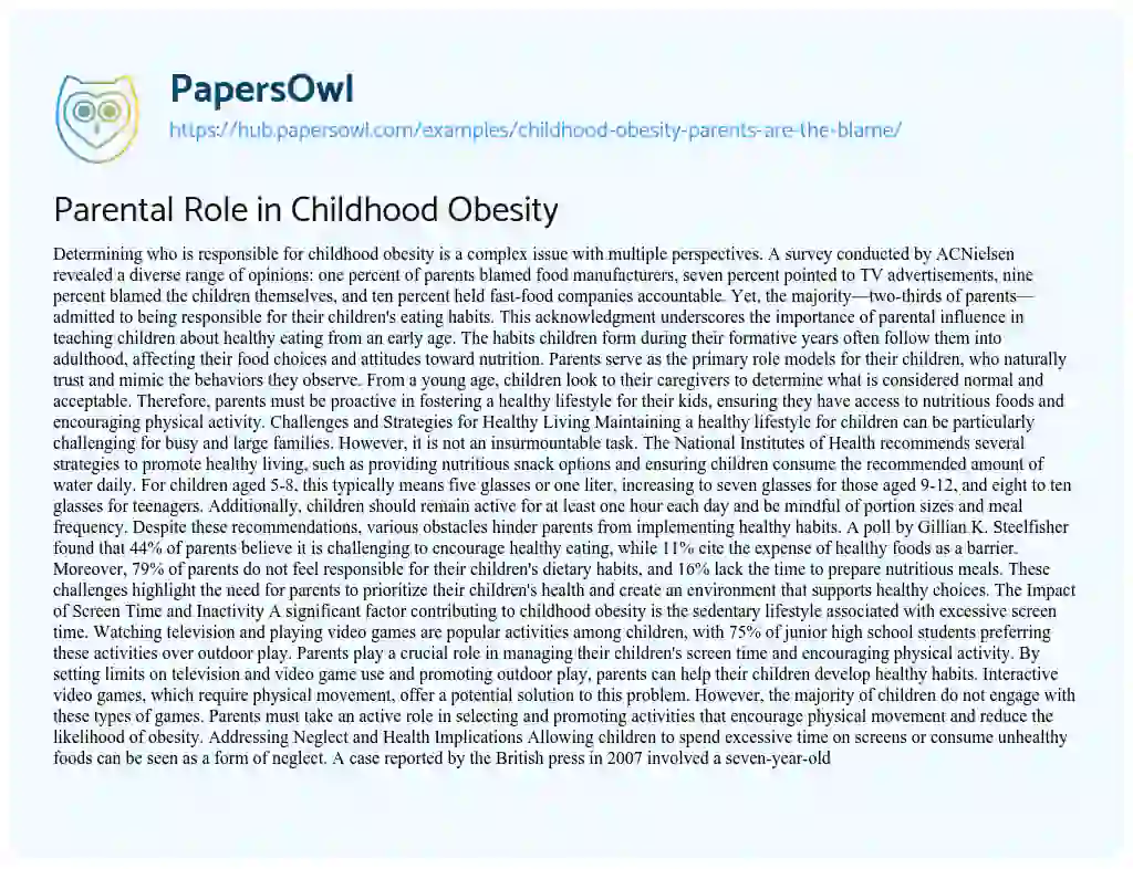Essay on Parental Role in Childhood Obesity