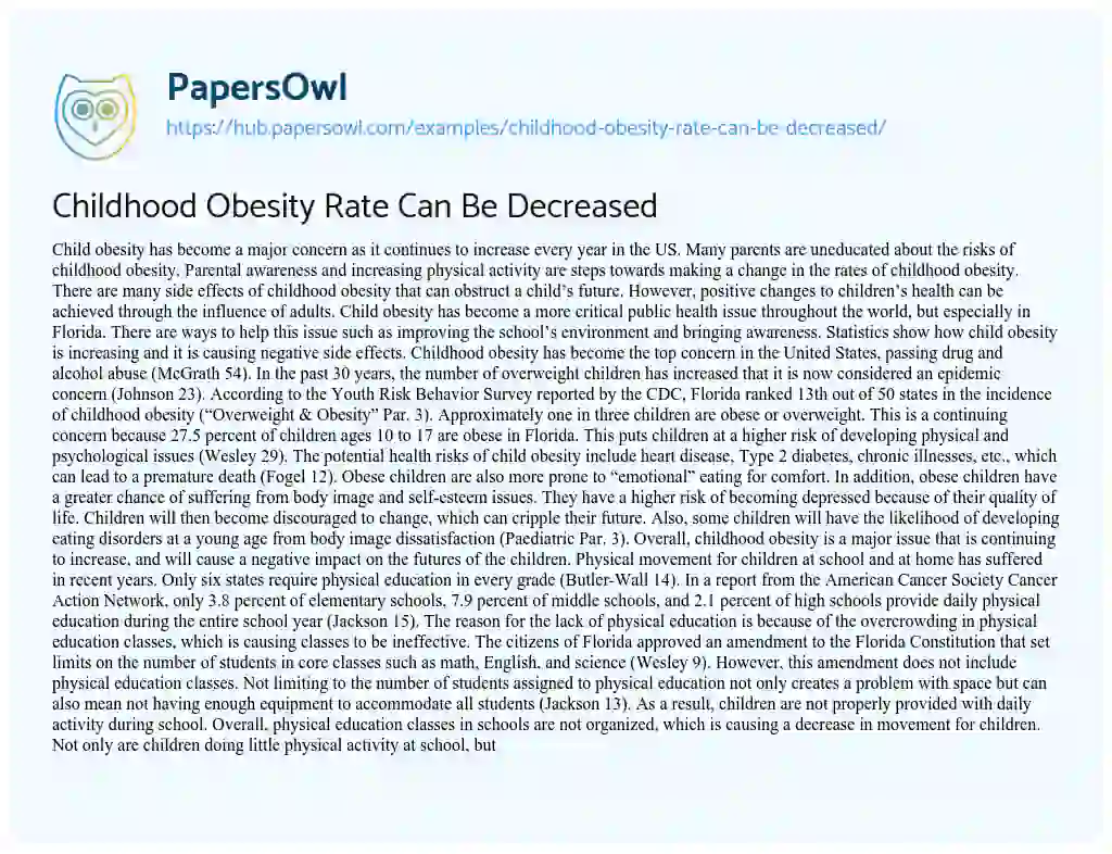 Essay on Childhood Obesity Rate Can Be Decreased