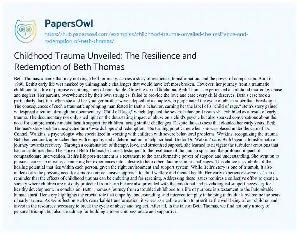 Essay on Childhood Trauma Unveiled: The Resilience and Redemption of Beth Thomas