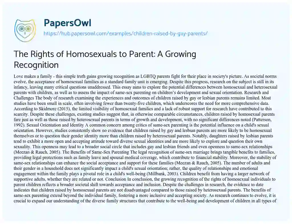 Essay on The Rights of Homosexuals to Parent: A Growing Recognition
