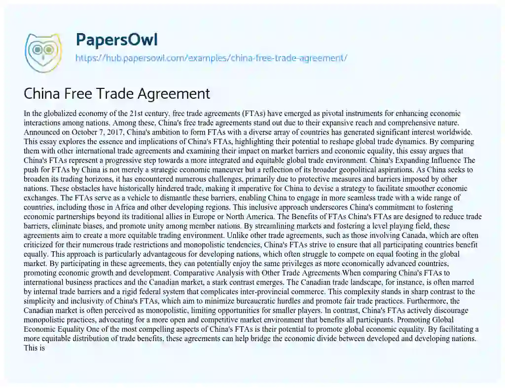 Essay on China Free Trade Agreement