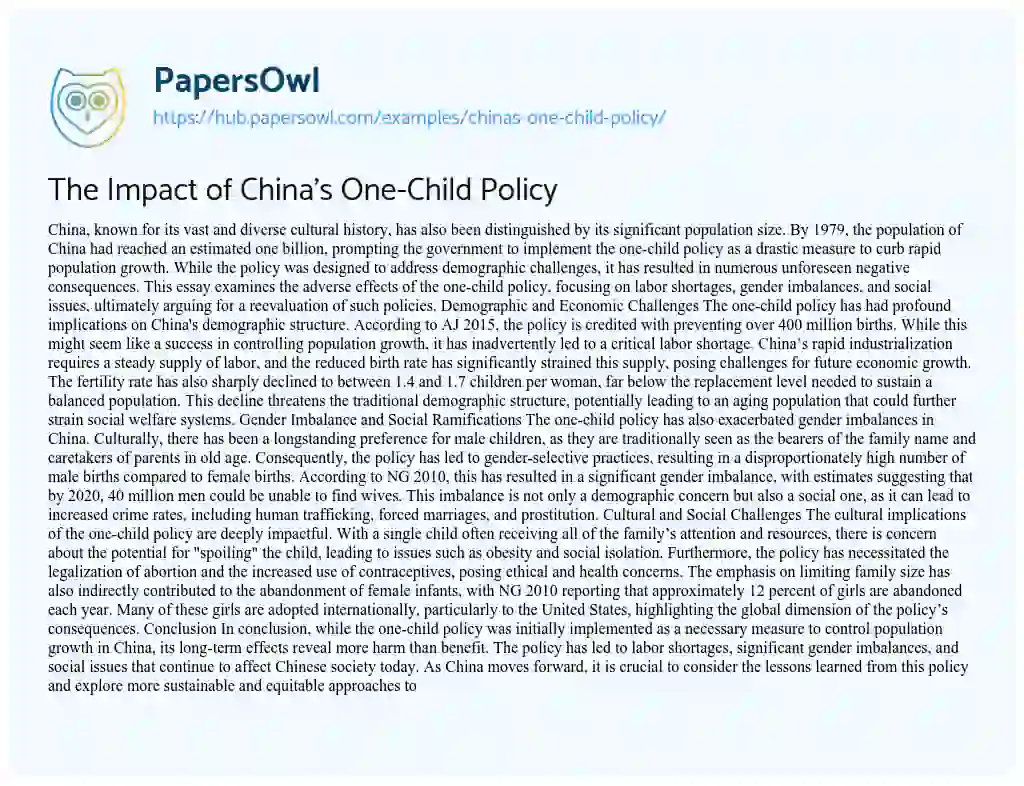 Essay on The Impact of China’s One-Child Policy