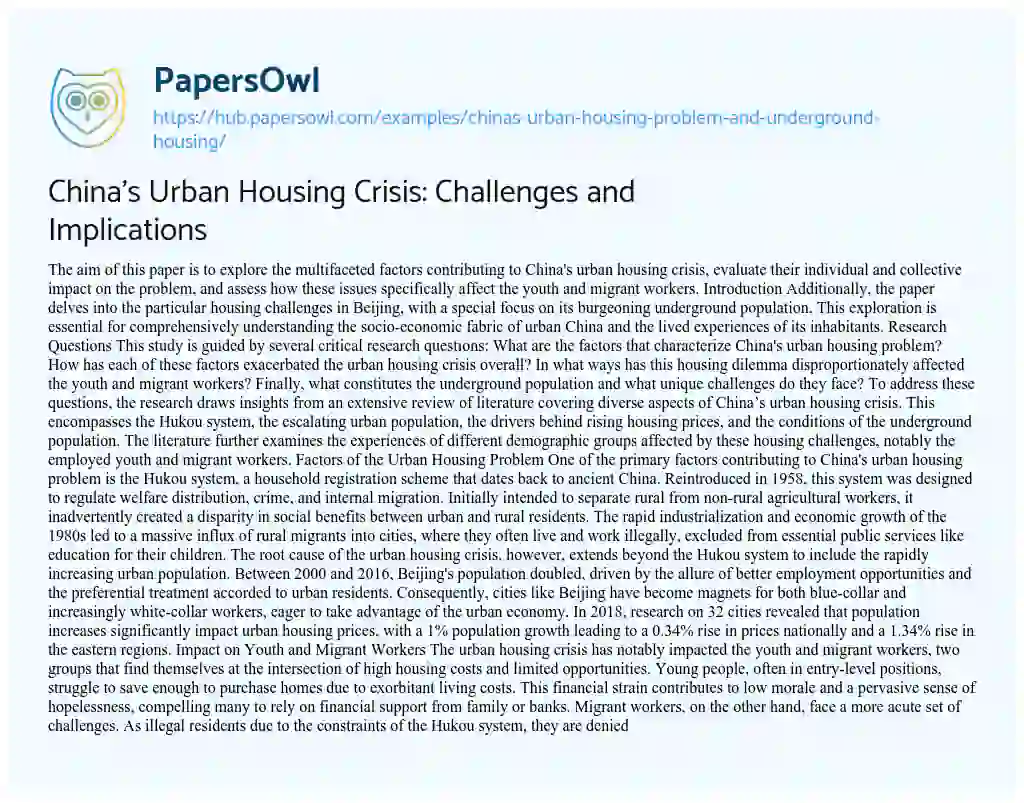 Essay on China’s Urban Housing Crisis: Challenges and Implications