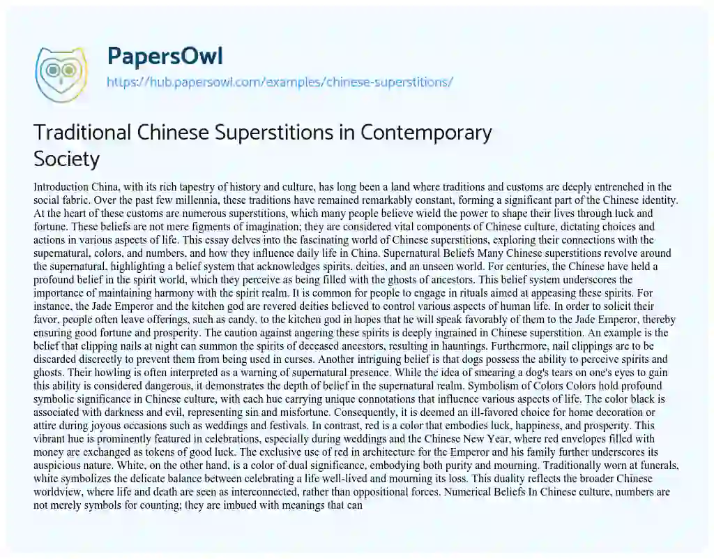 Essay on Traditional Chinese Superstitions in Contemporary Society