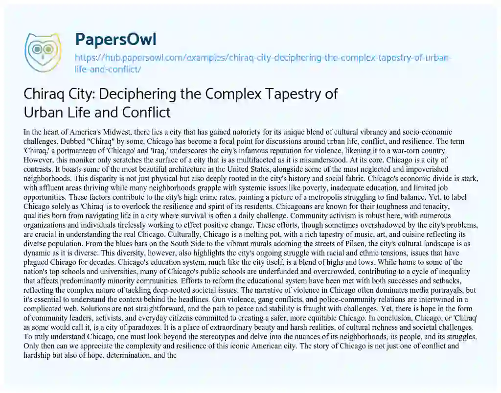 Essay on Chiraq City: Deciphering the Complex Tapestry of Urban Life and Conflict