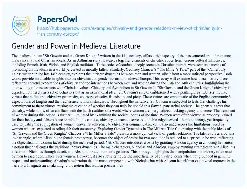 Essay on Gender and Power in Medieval Literature
