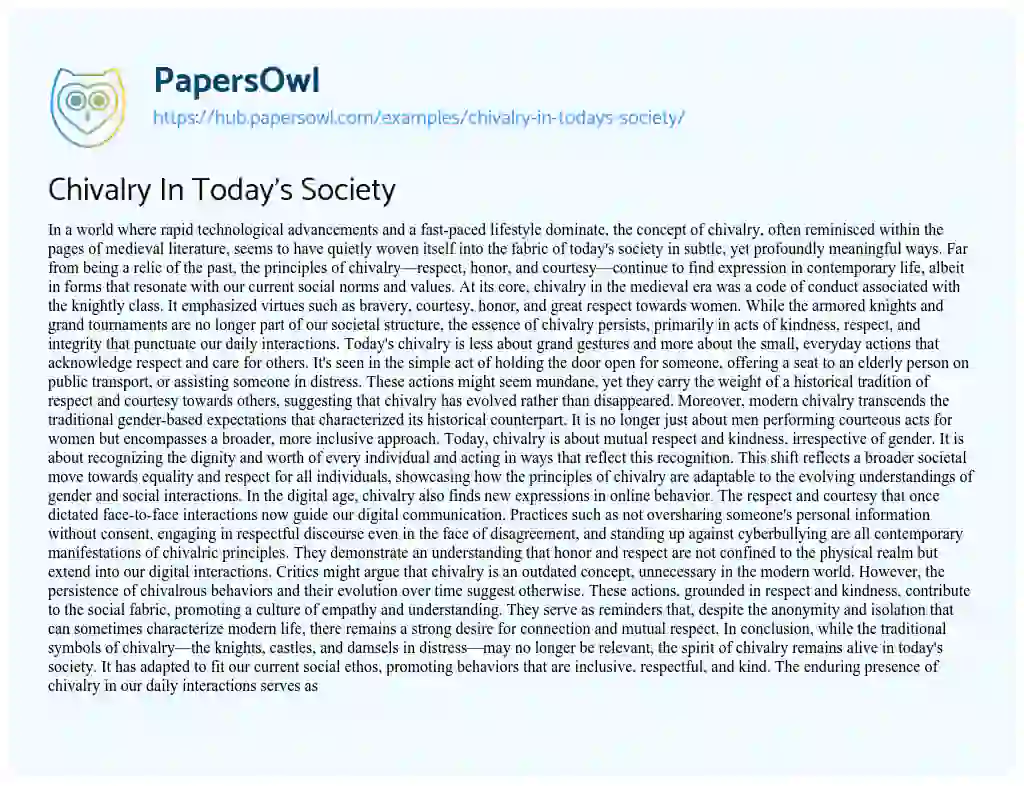 Essay on Chivalry In Today’s Society