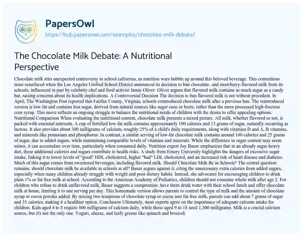 Essay on The Chocolate Milk Debate: A Nutritional Perspective
