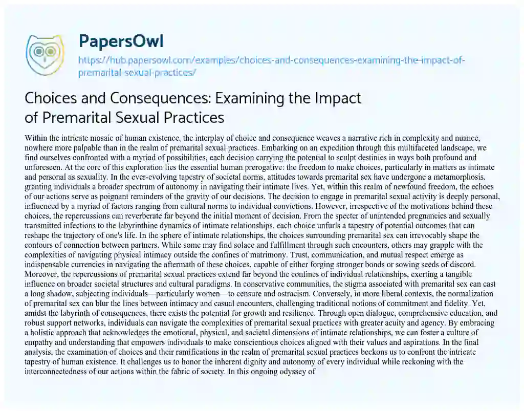 Essay on Choices and Consequences: Examining the Impact of Premarital Sexual Practices