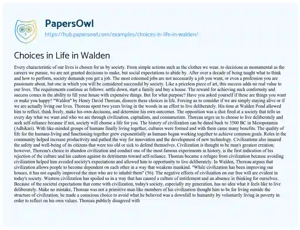Essay on Choices in Life in Walden