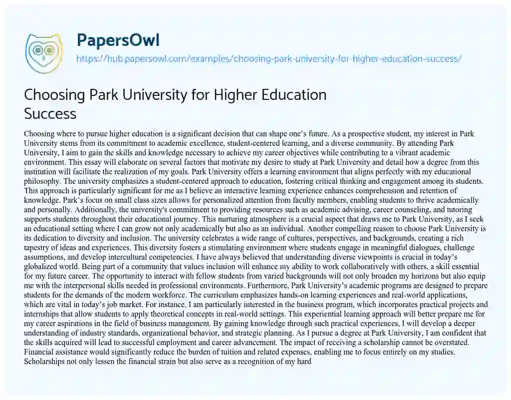 Essay on Choosing Park University for Higher Education Success