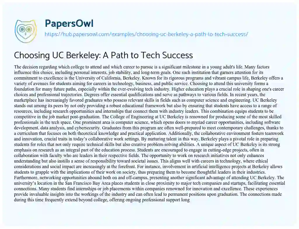 Essay on Choosing UC Berkeley: A Path to Tech Success