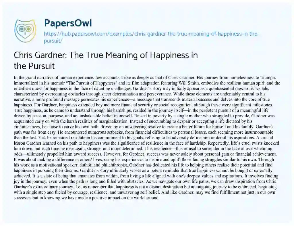 Essay on Chris Gardner: The True Meaning of Happiness in the Pursuit