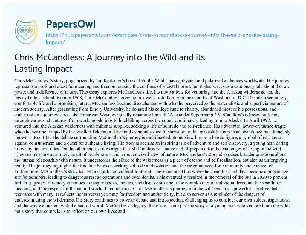 Essay on Chris McCandless: A Journey into the Wild and its Lasting Impact