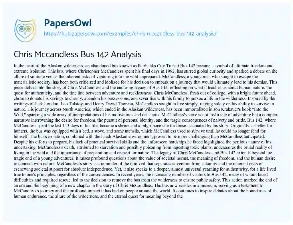 Essay on Chris Mccandless Bus 142 Analysis