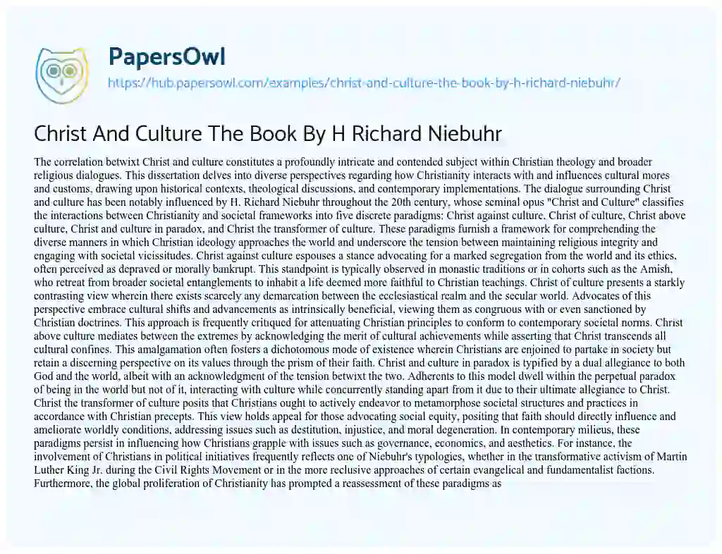 Essay on Christ And Culture The Book By H Richard Niebuhr