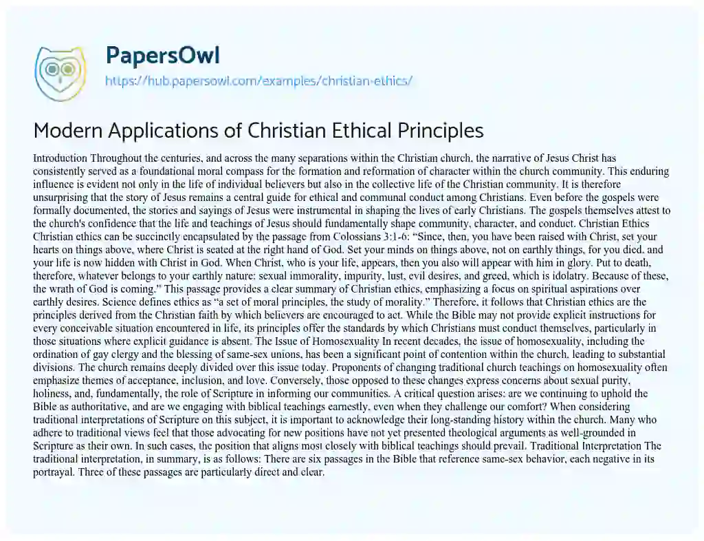 Essay on Modern Applications of Christian Ethical Principles