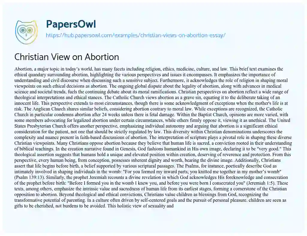 Essay on Christian View on Abortion