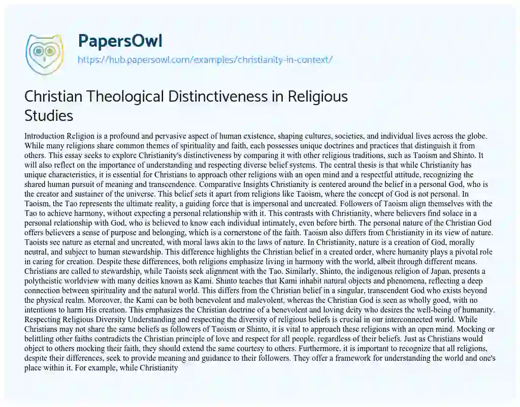 Essay on Christian Theological Distinctiveness in Religious Studies