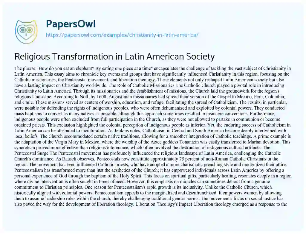 Essay on Religious Transformation in Latin American Society
