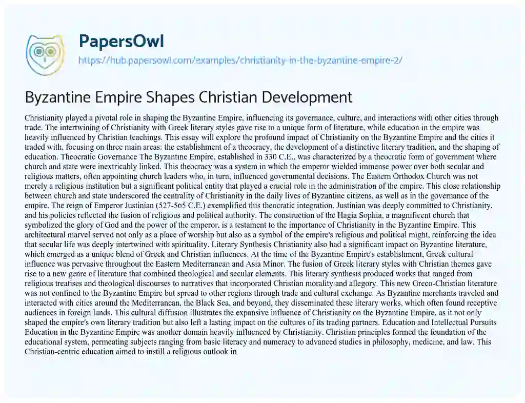 Essay on Byzantine Empire Shapes Christian Development