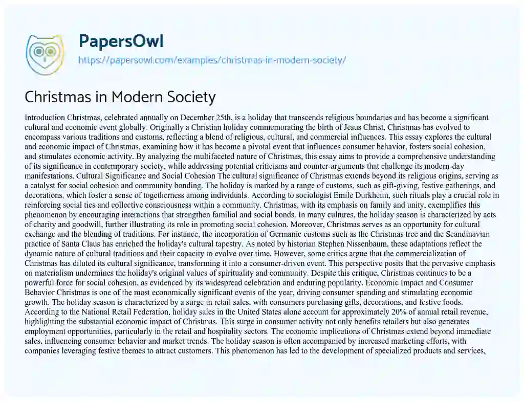 Essay on Christmas in Modern Society