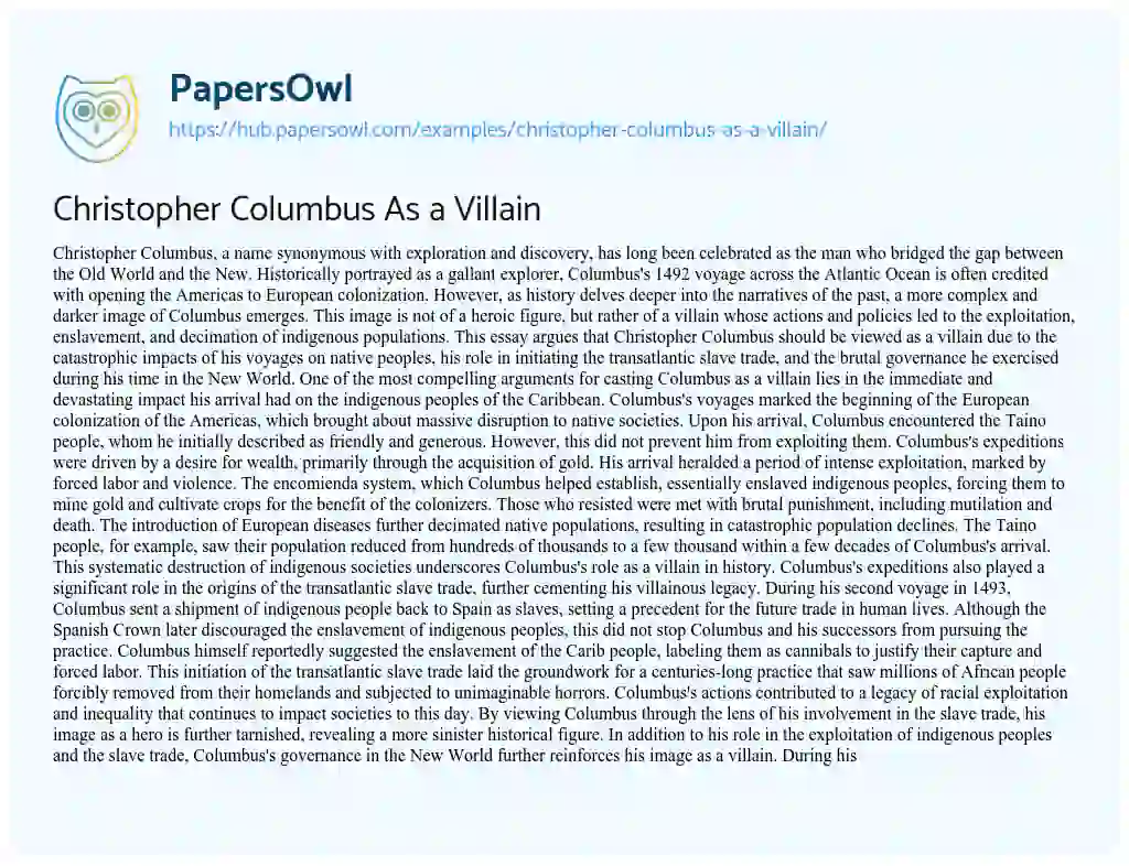 Essay on Christopher Columbus As a Villain