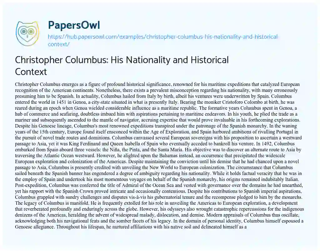 Essay on Christopher Columbus: His Nationality and Historical Context