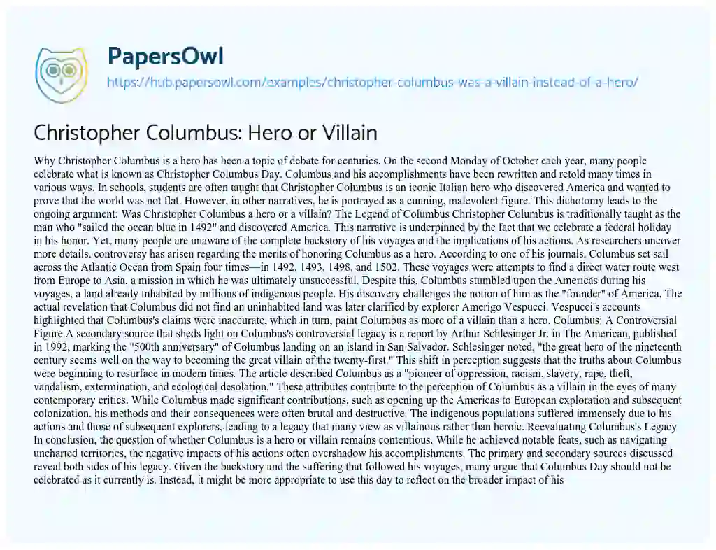 Essay on Christopher Columbus: Hero or Villain