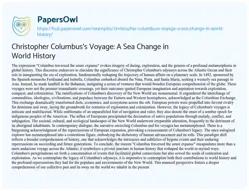Essay on Christopher Columbus’s Voyage: A Sea Change in World History