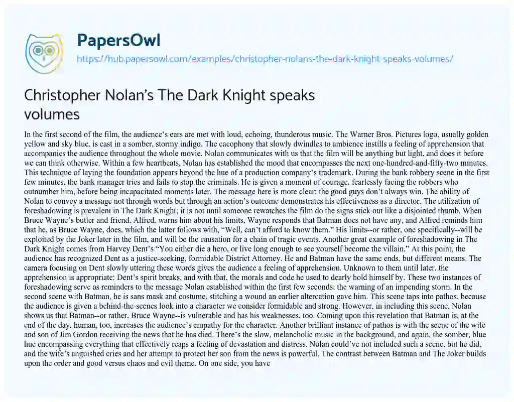 Essay on Christopher Nolan’s The Dark Knight speaks volumes