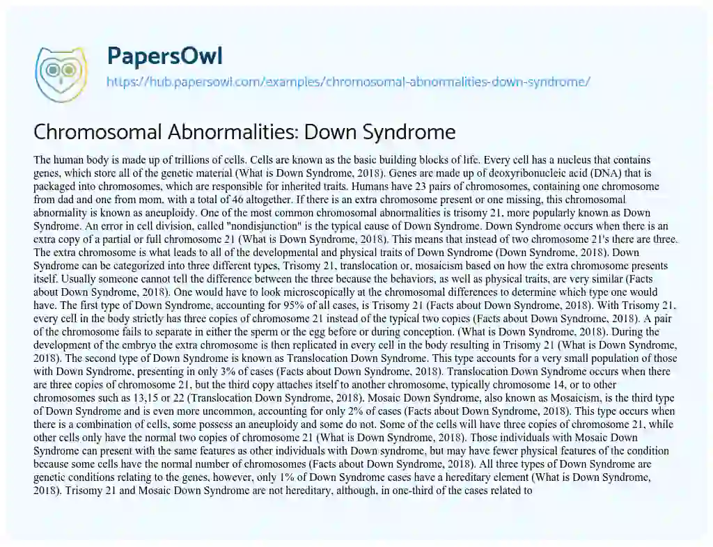 Essay on Chromosomal Abnormalities: Down Syndrome