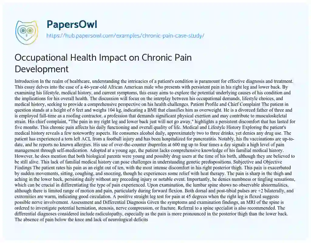 Essay on Occupational Health Impact on Chronic Pain Development