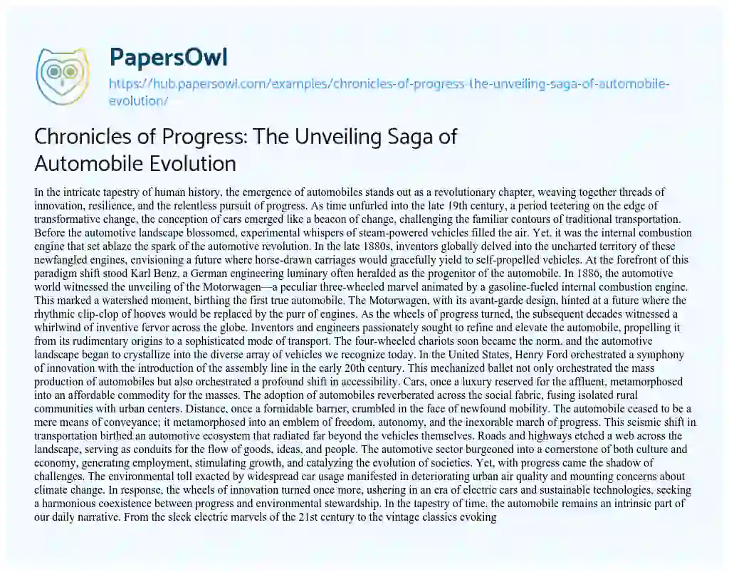 Essay on Chronicles of Progress: The Unveiling Saga of Automobile Evolution