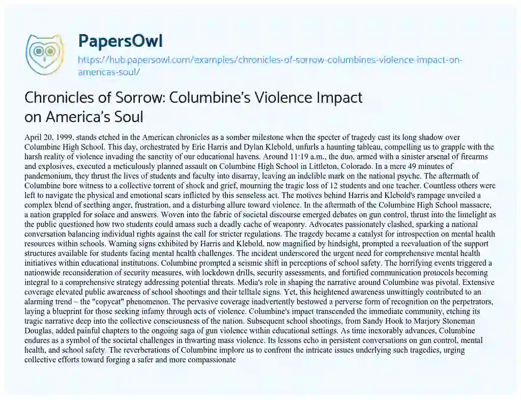 Essay on Chronicles of Sorrow: Columbine’s Violence Impact on America’s Soul
