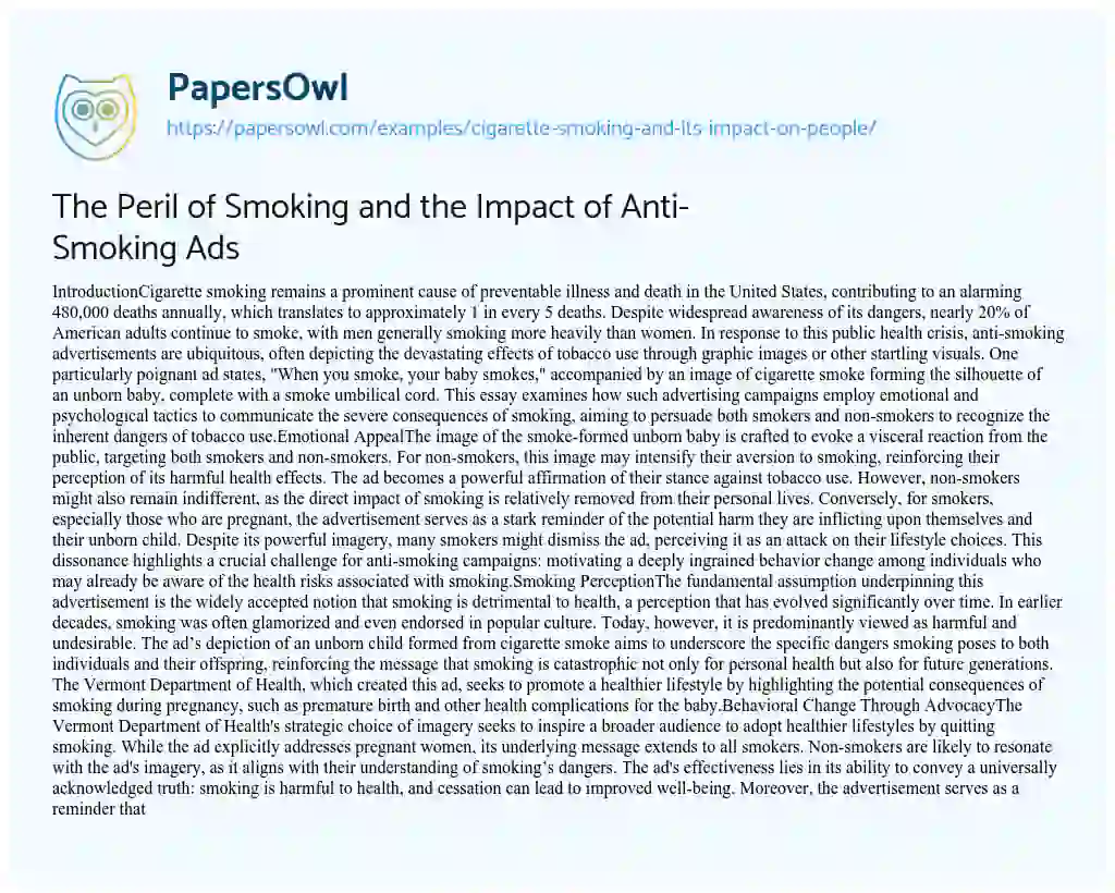 Essay on The Peril of Smoking and the Impact of Anti-Smoking Ads