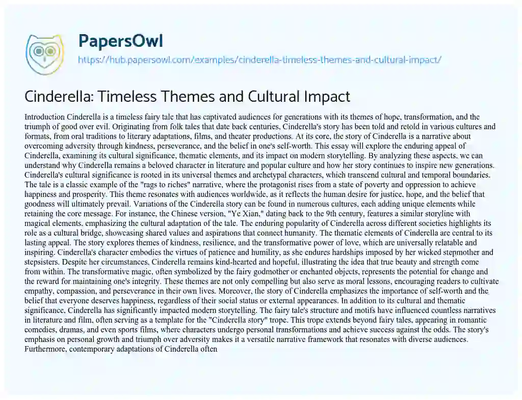 Essay on Cinderella: Timeless Themes and Cultural Impact