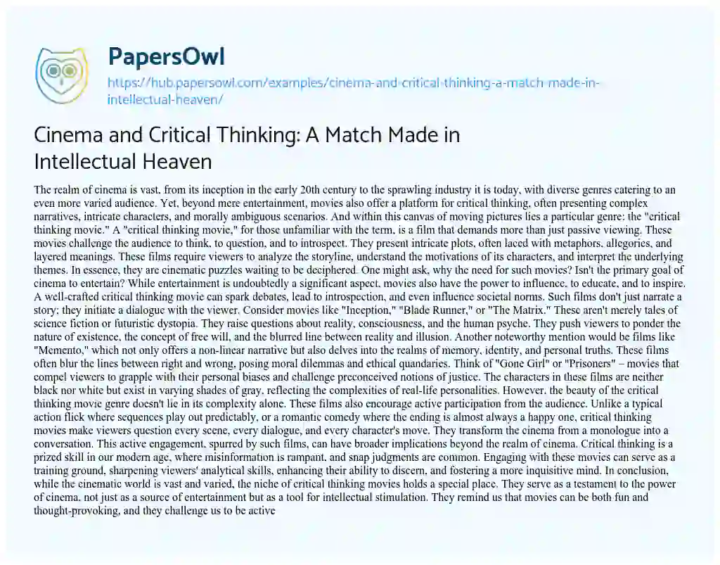 Essay on Cinema and Critical Thinking: A Match Made in Intellectual Heaven