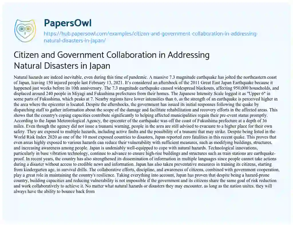 Essay on Citizen and Government Collaboration in Addressing Natural Disasters in Japan