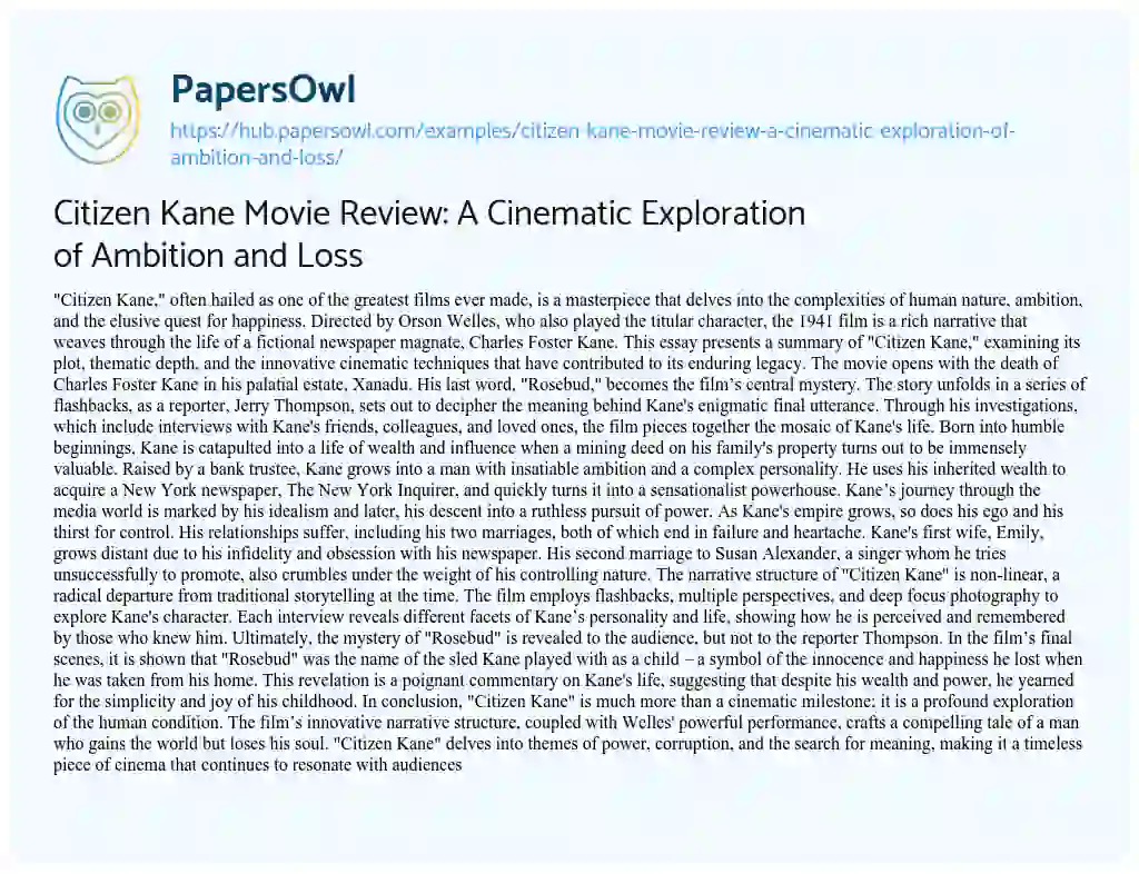 Essay on Citizen Kane Movie Review: A Cinematic Exploration of Ambition and Loss