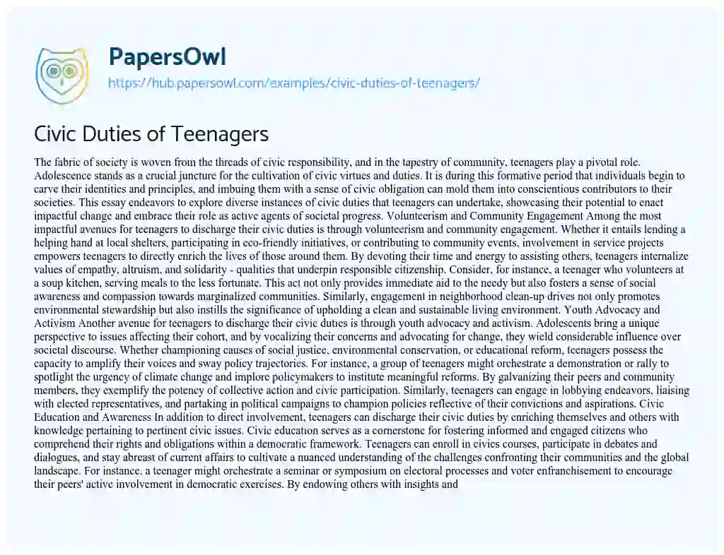 Essay on Civic Duties of Teenagers