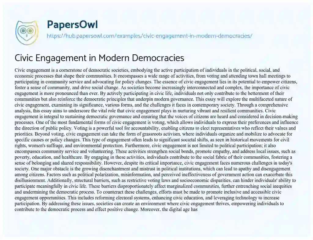 Essay on Civic Engagement in Modern Democracies