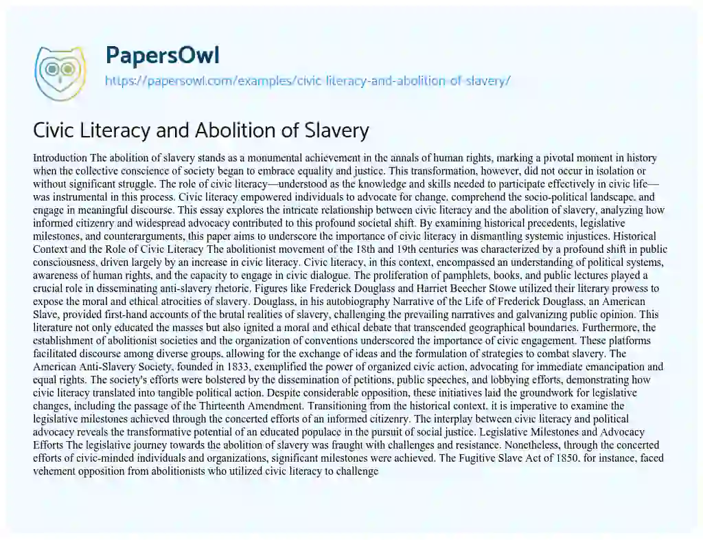 Essay on Civic Literacy and Abolition of Slavery