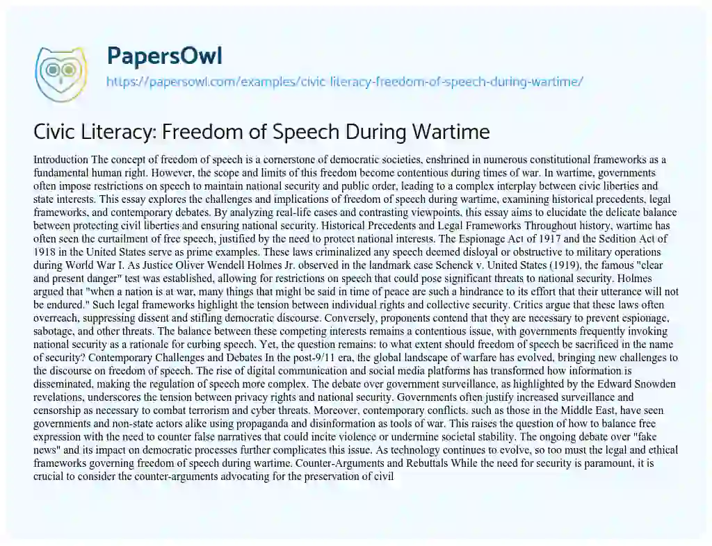 Essay on Civic Literacy: Freedom of Speech During Wartime