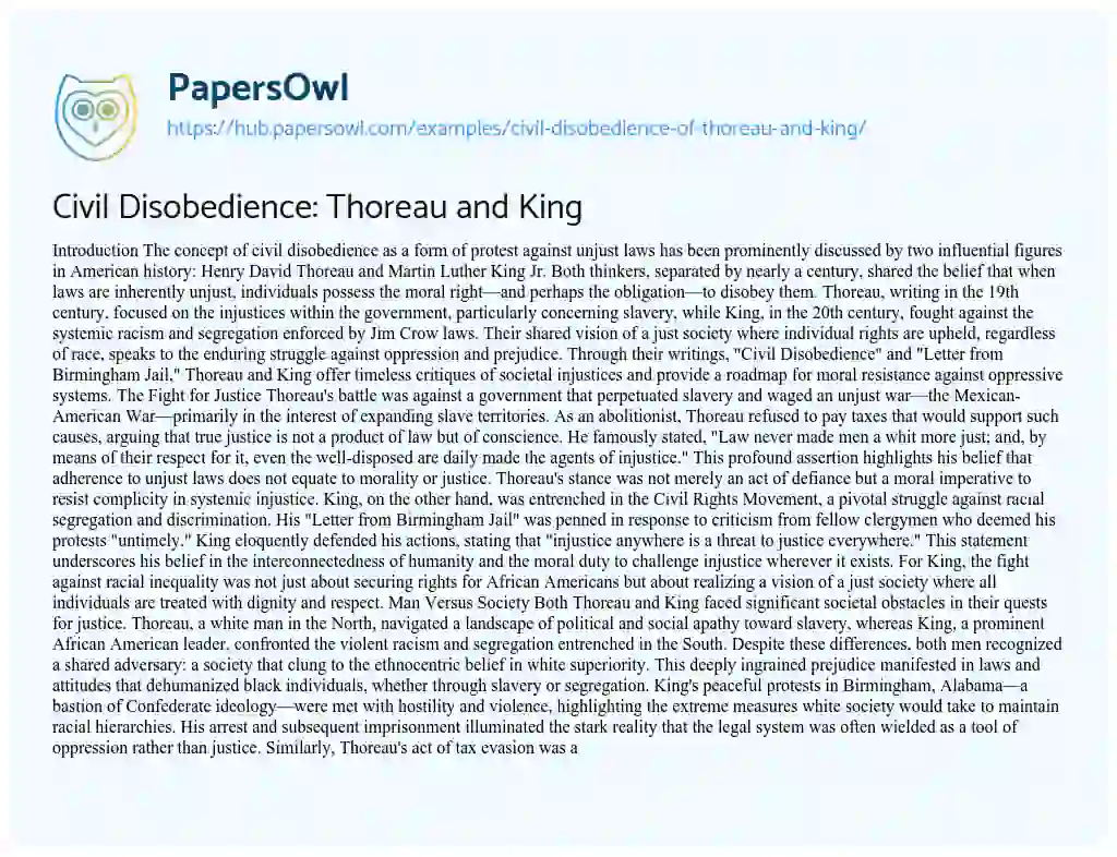 Essay on Civil Disobedience: Thoreau and King